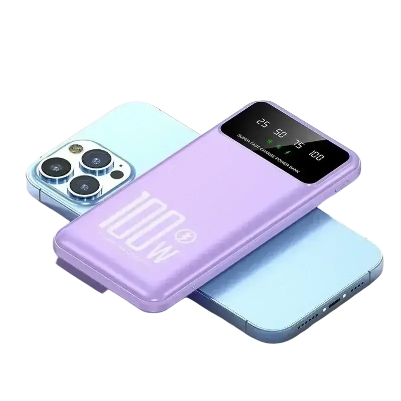 Purple 100w quick charge power bank with digital display showing battery percentage and 20000mah capacity