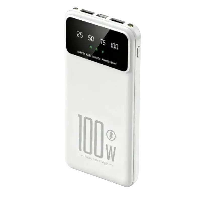 White rectangular power bank with 100w quick charge and digital display showing charge levels and 20000mah capacity