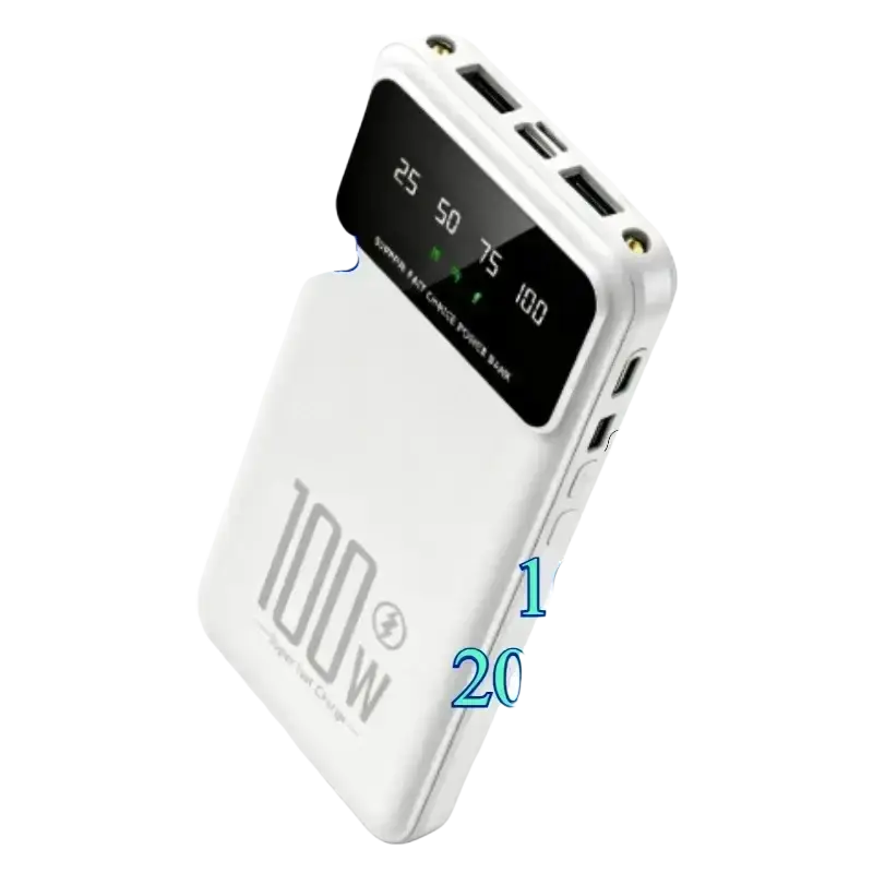 White rectangular power bank with 100w quick charge, digital display, multiple usb ports, 20000mah capacity