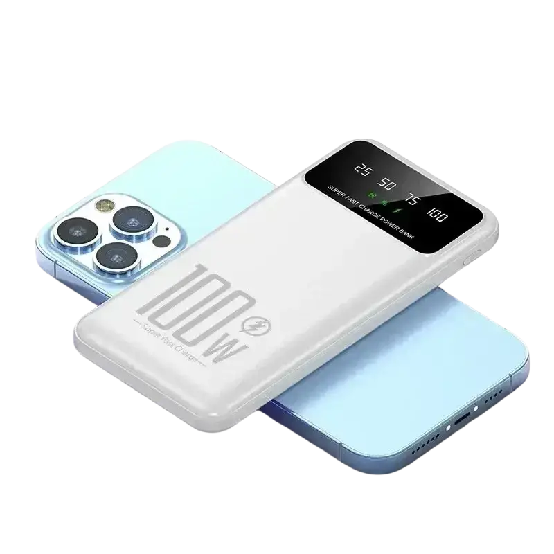 White 100w quick charge power bank with digital display showing battery percentage and charging status 20000mah capacity