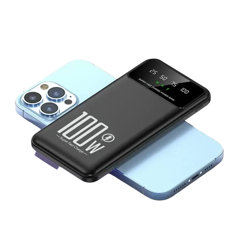Black rectangular power bank 20000mah with digital display and 100w super fast quick charge branding in white