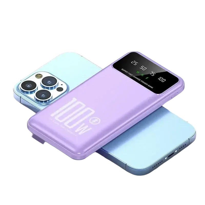 Purple power bank 20000mah quick charge with digital display showing charging levels and super fast charge text on back