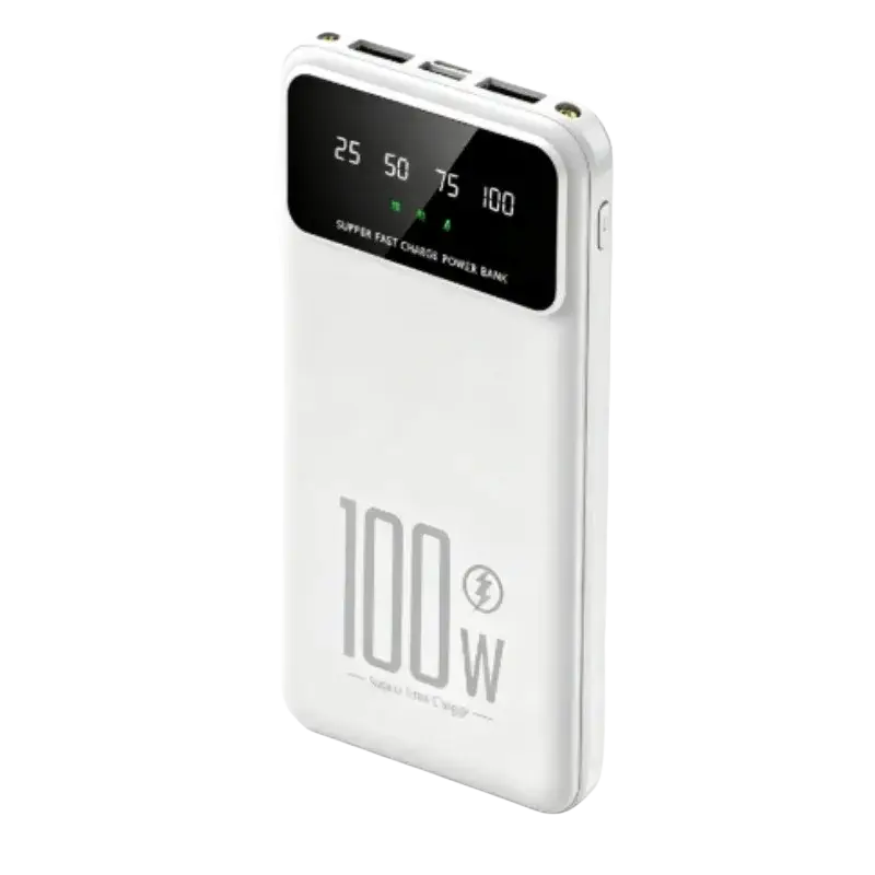 White rectangular power bank 20000mah with black digital display and 100w quick charge for fast charging