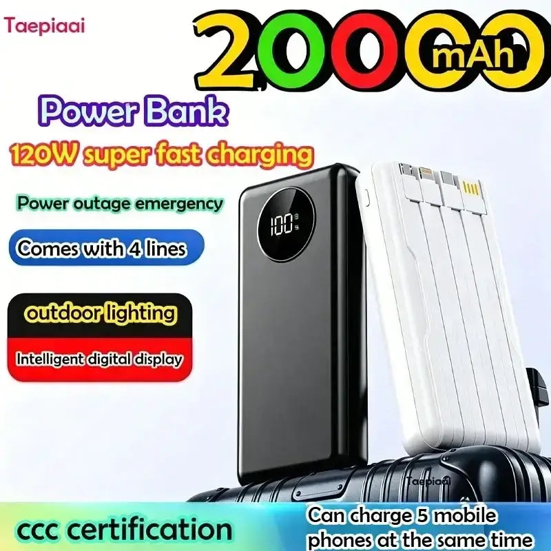 Black rectangular power bank 20000mah with 120w fast charging, digital display at 100 charge, and multiple usb ports