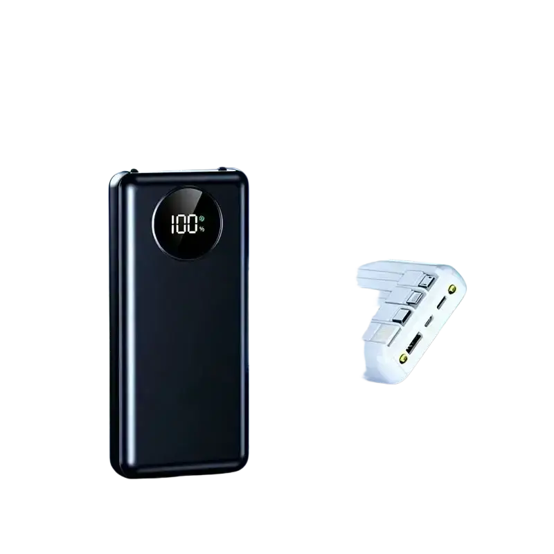 Black rectangular power bank 20000mah with digital display showing 100 percent and multiple fast charging ports
