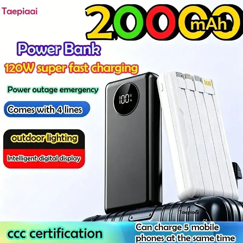 Black rectangular power bank 20000mah 120w fast charging with digital display showing 100 percent charge and multiple usb ports including 5v2a output