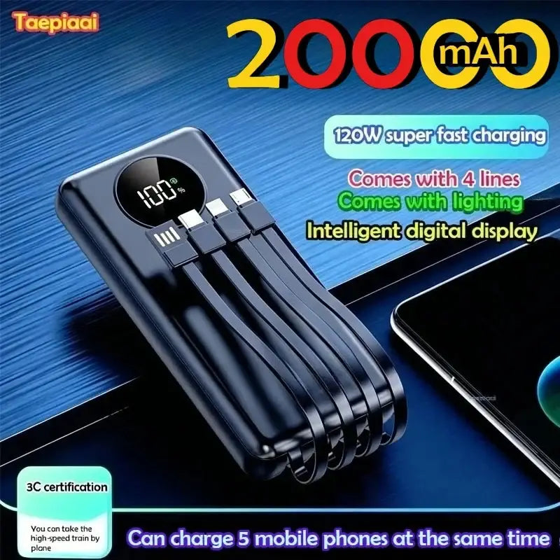 Black taepiaai power bank 20000mah 120w fast charging with digital display and four usb-c 5v2a cables