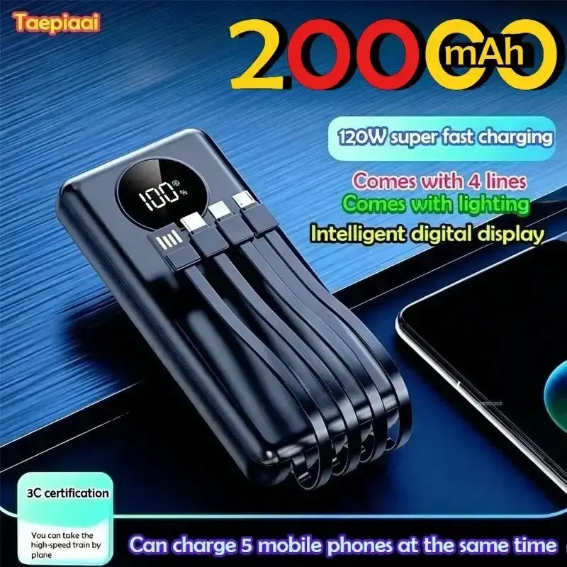 Black taepiaai power bank 20000mah with digital display 100 percent and four usb-c cables for fast charging