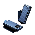 Blue metallic power bank 20000mah with vertical ridges and circular digital display showing 100 percent charge
