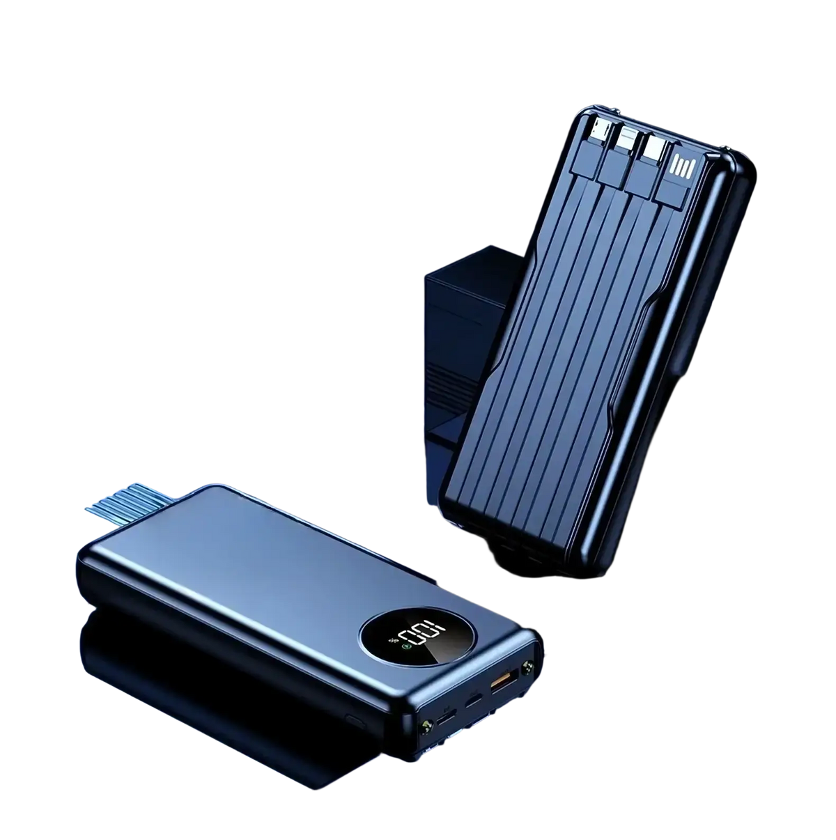 Blue metallic power bank 20000mah with vertical ridges and circular digital display showing 100 percent charge