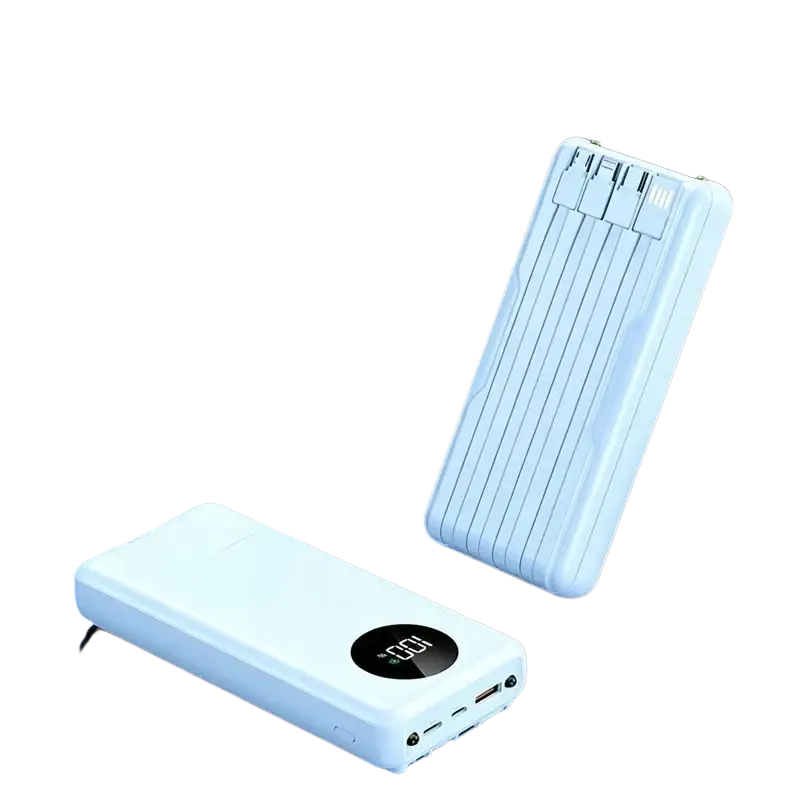 White rectangular power bank 20000mah with digital display 120w fast charging and multiple 5v2a ports with ridged surface