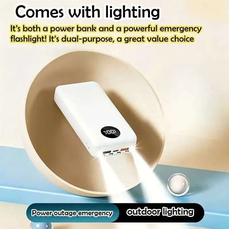 White rectangular power bank 20000mah with emergency flashlight, digital display, multiple usb ports, and 5v2a fast charging