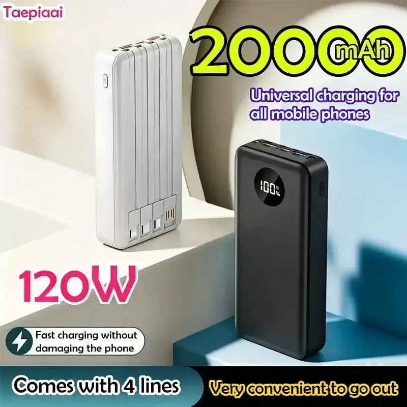 White and black power bank 20000mah with 120w fast charging multiple usb ports and digital display for rapid charging