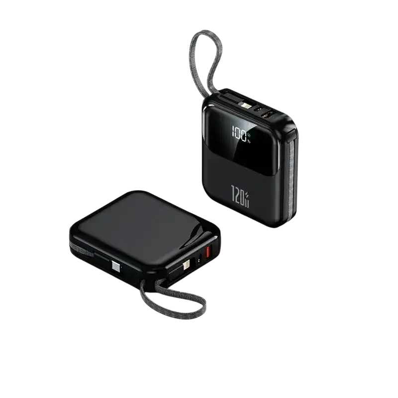 Black rectangular power bank 20000mah 120w fast charging with digital display two usb ports and carrying loop