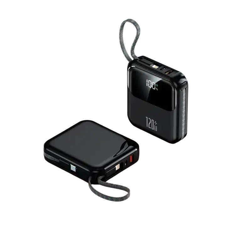 Black rectangular power bank 20000mah 120w fast charging with digital display and gray fabric strap for portability