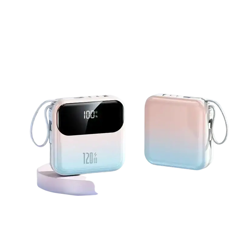 Pastel gradient power bank with digital display and carrying strap featuring 20000mAh capacity and 120w fast charging