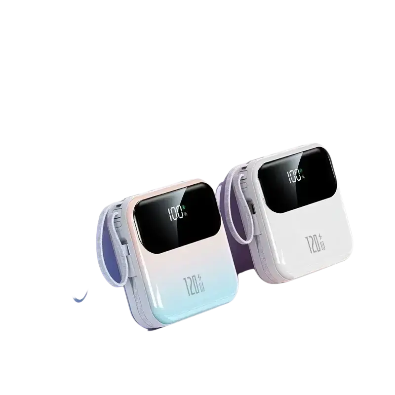 Two compact pastel power bank 20000mah 120w fast charging with digital displays showing full charge in pink blue and white lavender