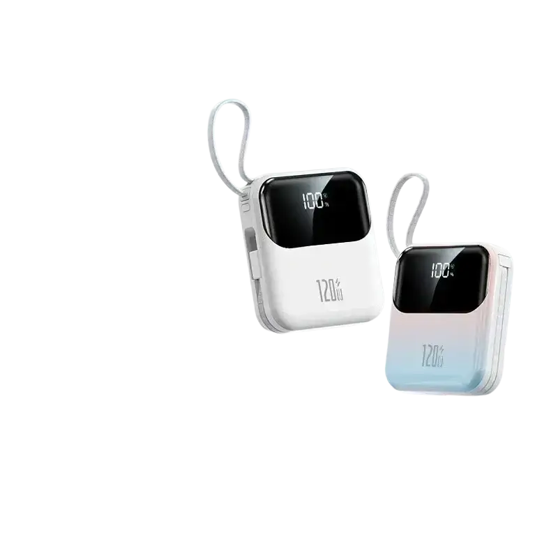 Two compact rectangular power banks in white and gradient blue with wrist straps and 120w fast charging digital screens