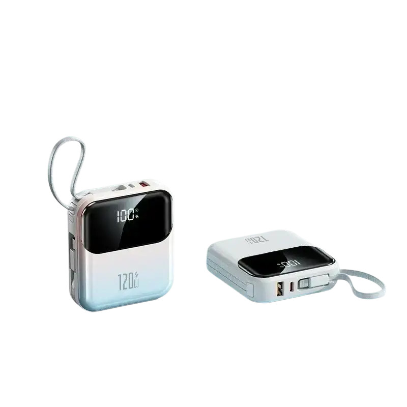 White and light blue gradient power bank 20000mah with 120w fast charging digital display and wrist strap for easy carrying