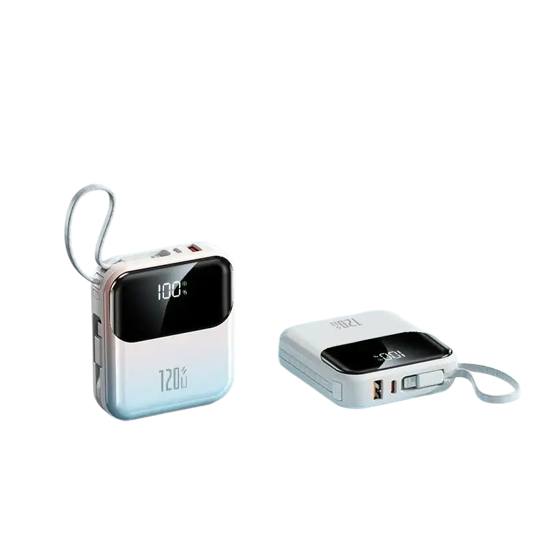 White and light blue gradient power bank 20000mah 120w fast charging with digital display showing 100 percent charge