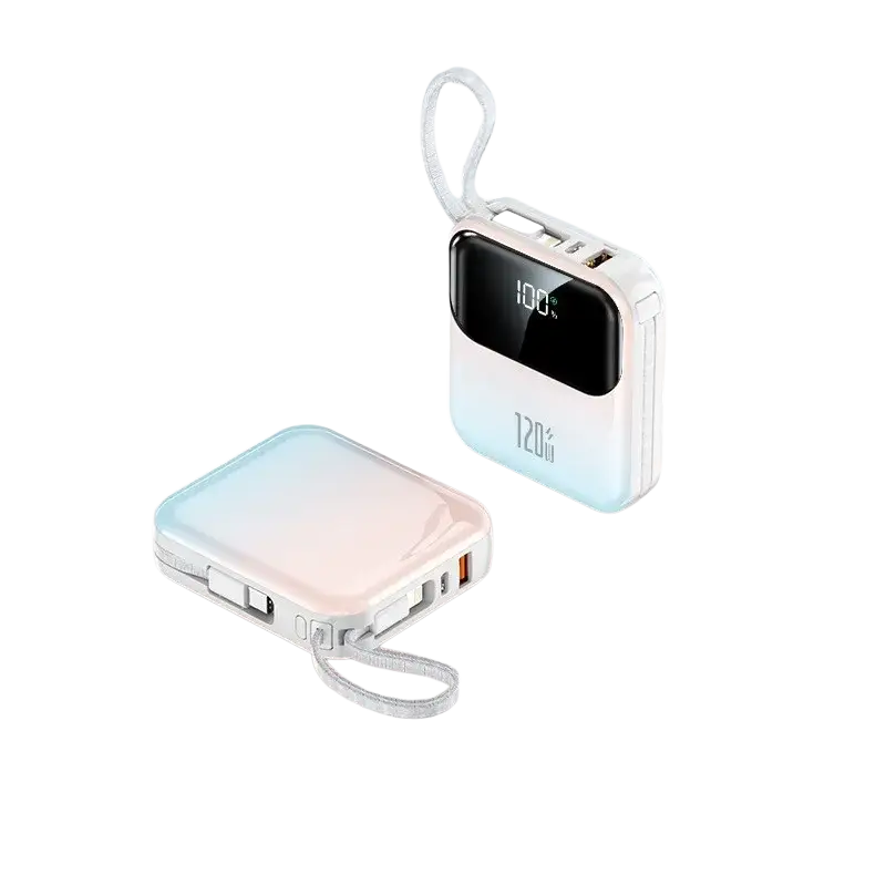 White and light blue gradient power bank 20000mah 120w fast charging with digital display showing 100 percent charge