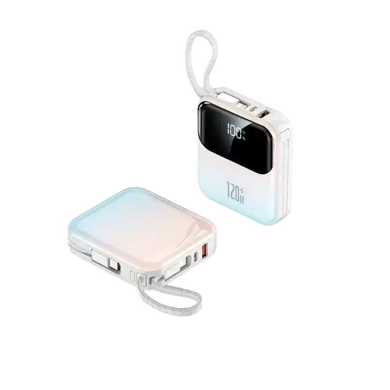 White and light blue gradient power bank 20000mah 120w fast charging with digital display and multiple usb ports