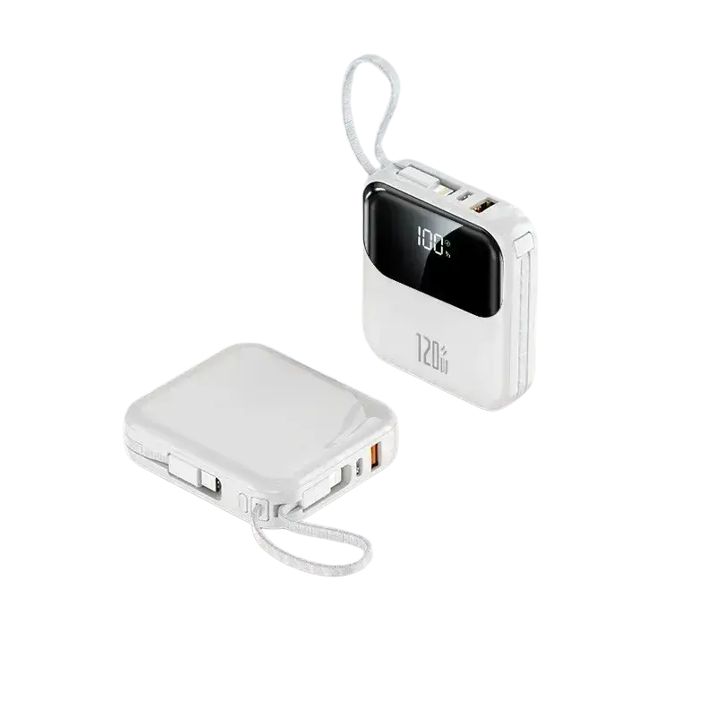 White portable power bank 20000mah with digital display 100% charge multiple usb ports and 120w fast charging