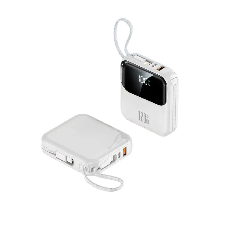 White rectangular power bank 20000mah 120w fast charging with digital display, multiple usb ports, and wrist strap for portability