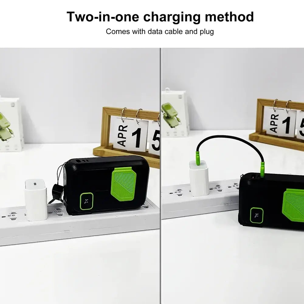 Black power bank 20000mah wireless energy storage charger with bright green textured panel and matching green plug