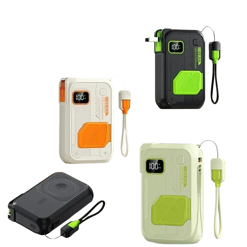 Power bank 20000mah 22.5w wireless portable charger black and lime green with built-in ac plug and wrist strap energy storage charger