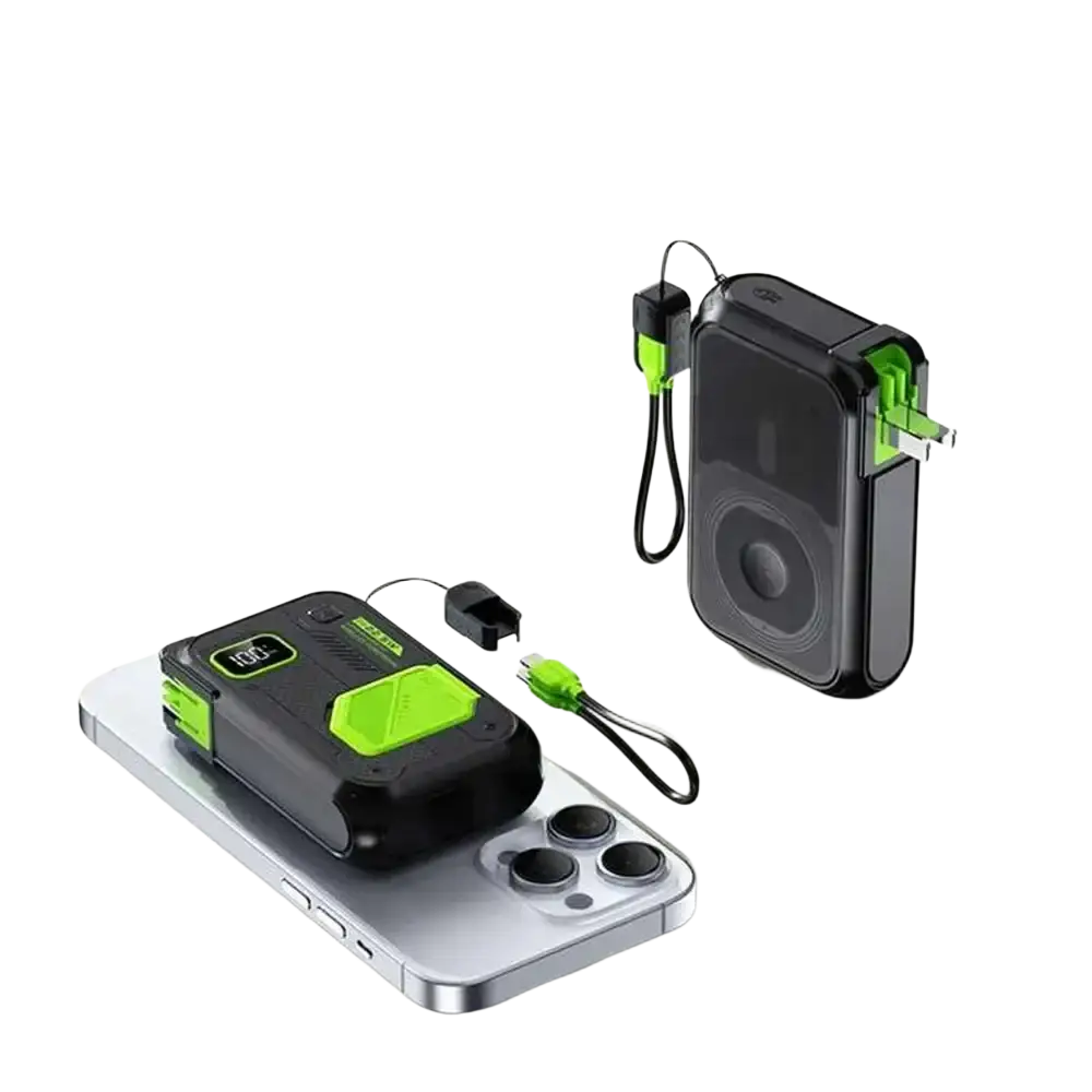 Black and neon green power bank 20000mAh 22.5w wireless energy storage charger with rugged design and circular speaker grille