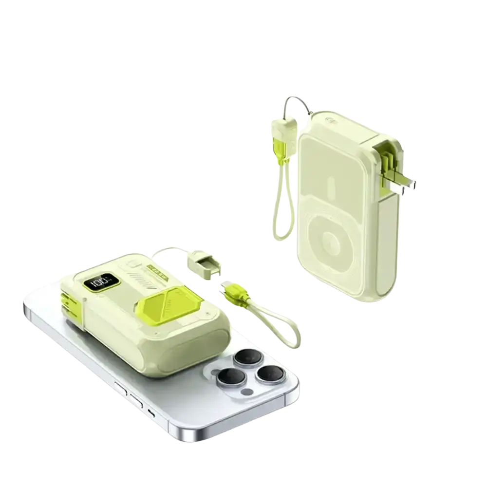 Power bank 20000mah 22.5w wireless portable charger in pale green with lime accents and digital display storage charger