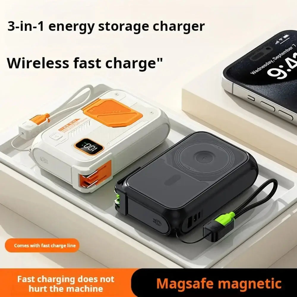 White and orange 3-in-1 energy storage charger power bank with 20000mAh and 22.5w wireless fast charge portable use