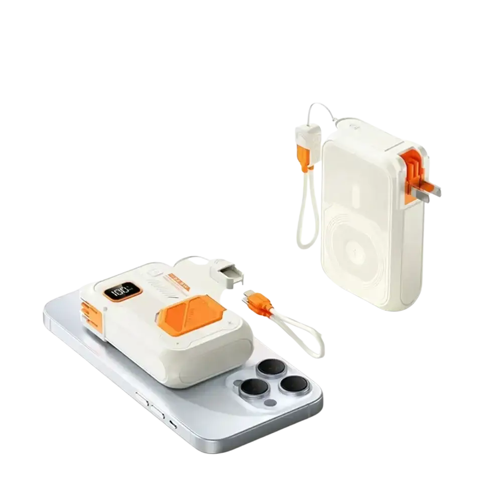 White and orange power bank 20000mah with integrated usb-c cable and built-in port for wireless energy storage charger