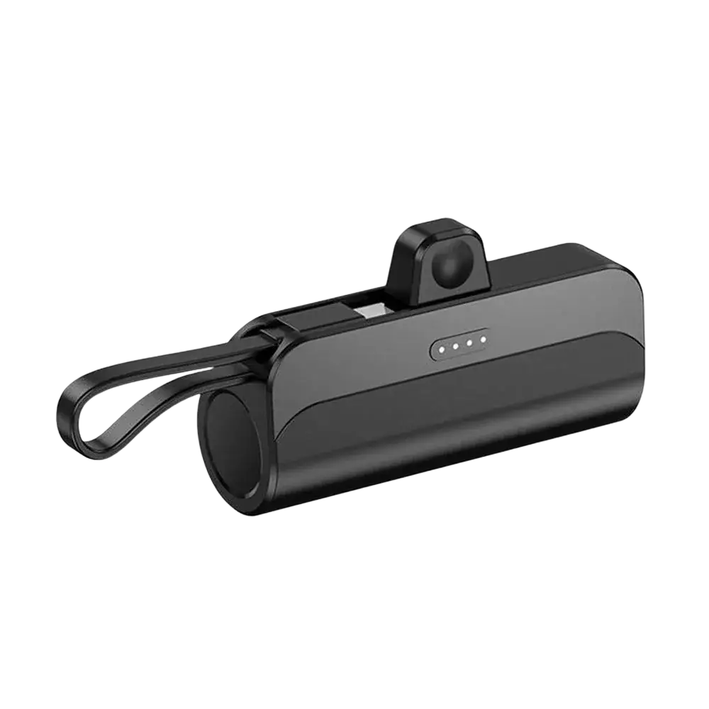 Black portable power bank with sleek compact design and integrated carrying loop for mobile power on the go
