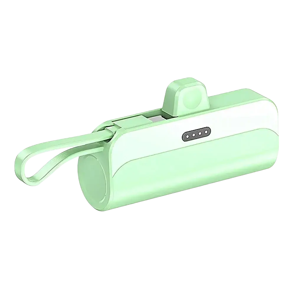 A sleek mint green power bank 20000mah with dual USB C ports and integrated carrying loop for mobile power use