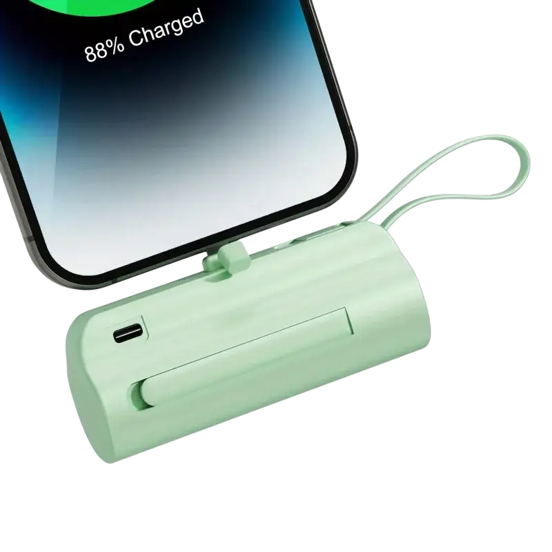 A sleek mint green power bank 20000mAh with dual usb c ports and looped wrist strap for mobile power on the go