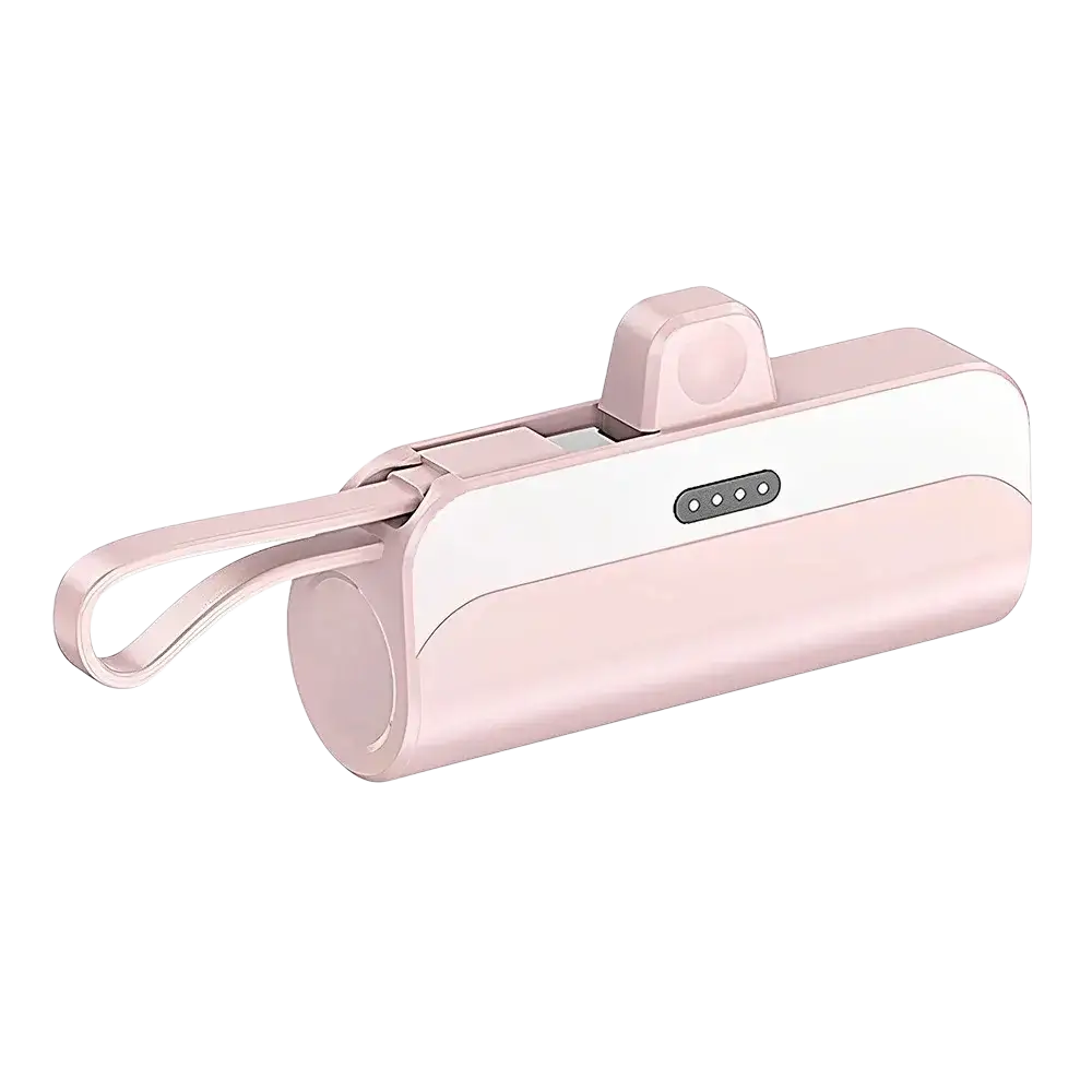 A sleek rose gold and white power bank with built-in handle for easy carrying ideal as a mobile power source