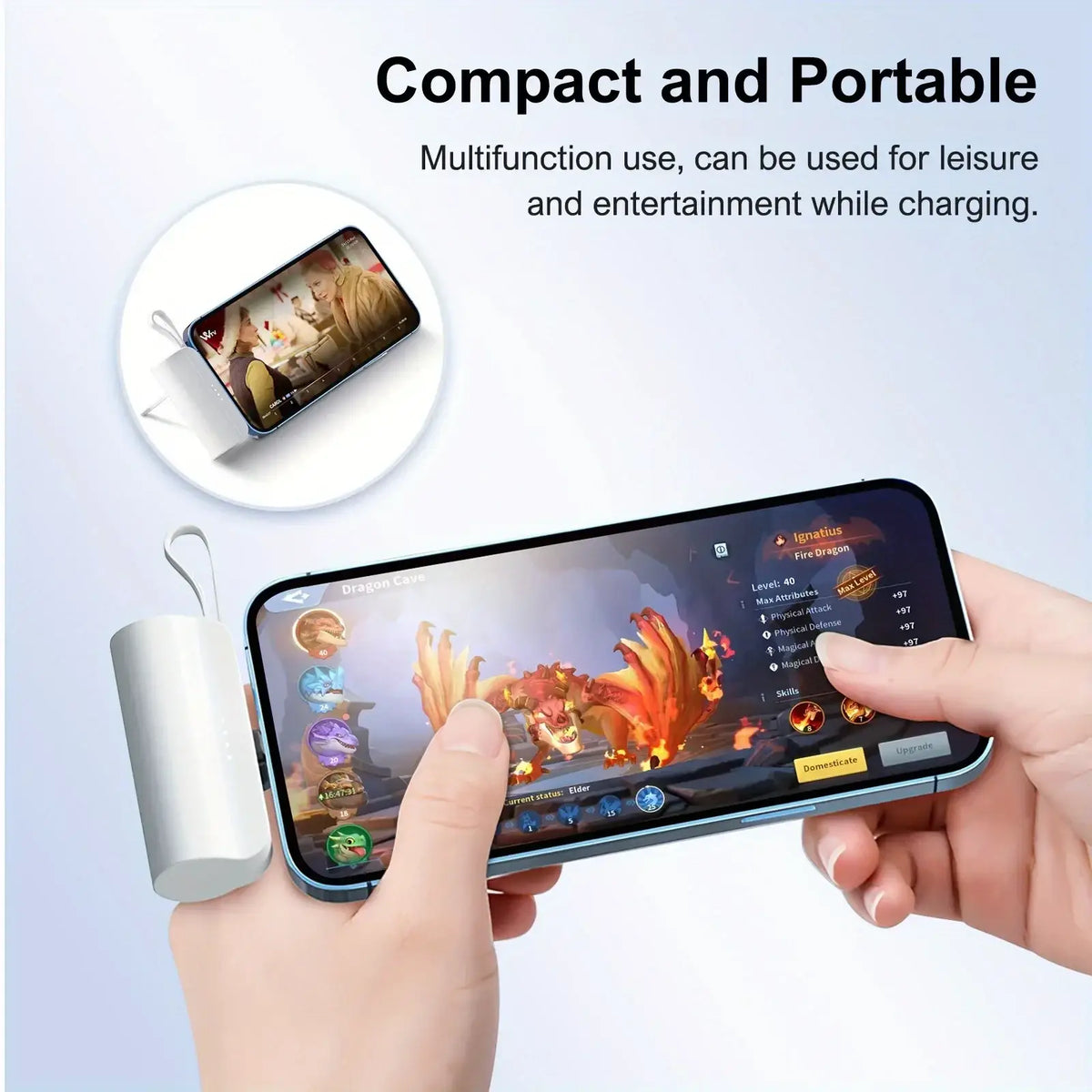 White cylindrical power bank 20000mah with dual usb c ports and looped strap for mobile power in mint green