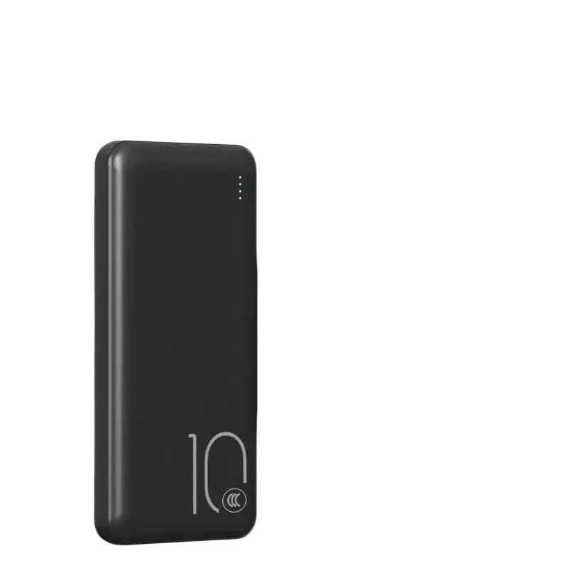 Black rectangular power bank with large capacity 20000mah micro usb and qi wireless charging logo on front matte finish