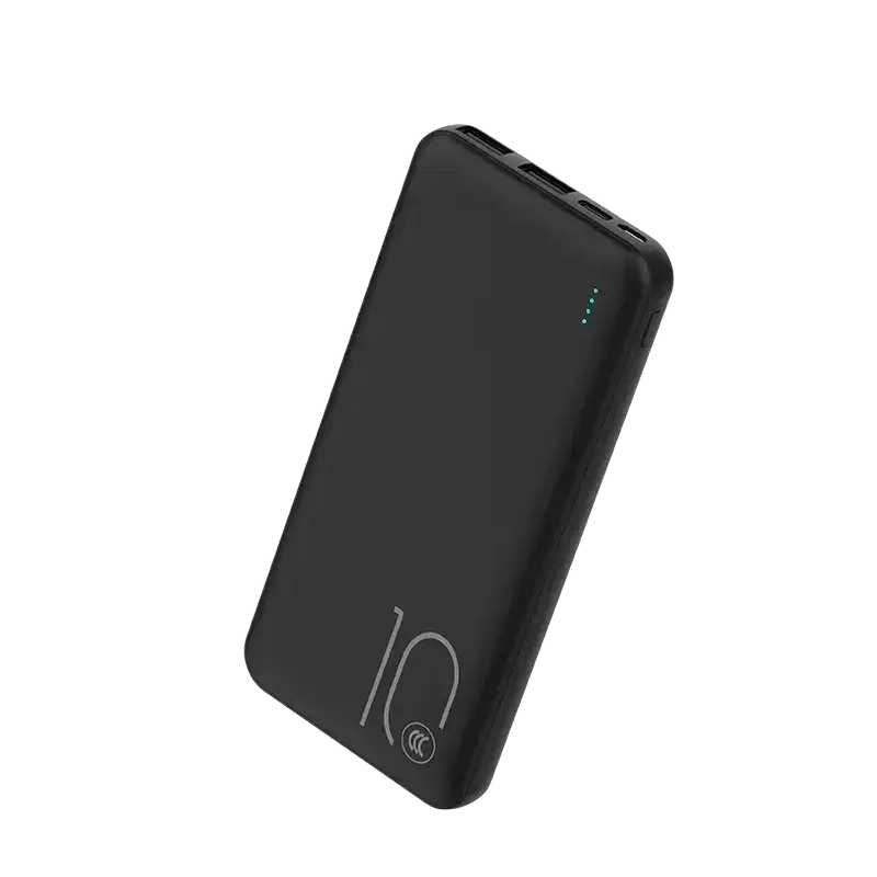 Black rectangular portable power bank with large capacity 20000mAh micro USB and subtle white 10 branding matte finish