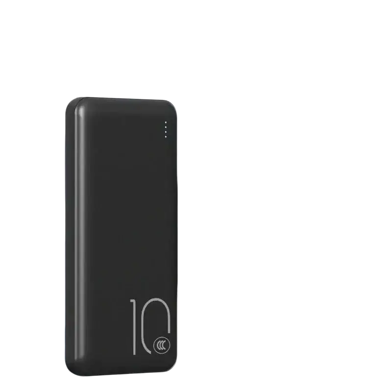 Black rectangular portable power bank with matte finish large capacity 20000mah micro usb and nfc branding on front