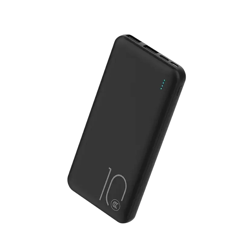 Black rectangular power bank with matte finish large capacity 20000mah micro usb and subtle silver 10 branding
