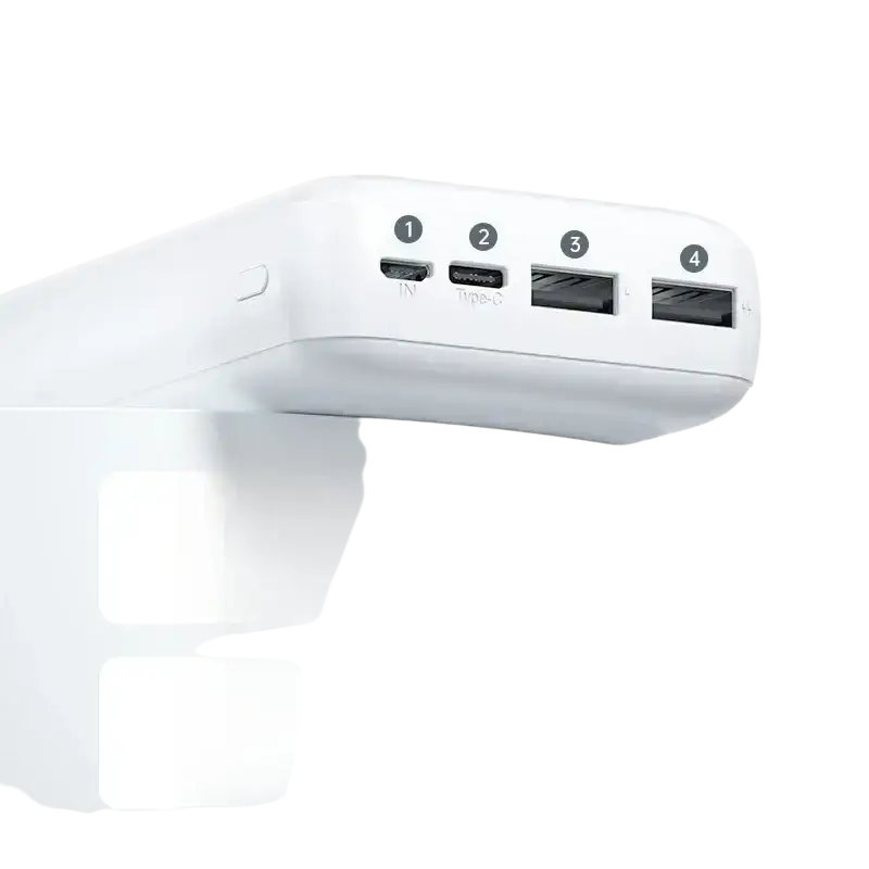 White portable power bank 20000mah large capacity with micro usb type-c and usb-a ports for versatile charging