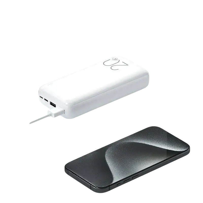 White rectangular power bank with large capacity 20000mah and micro usb ports visible on the side