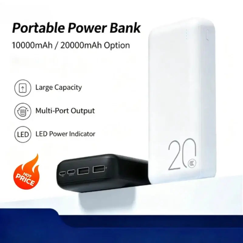 White rectangular power bank with 20000mah large capacity and micro usb featuring a sleek minimalist design with 20 printed