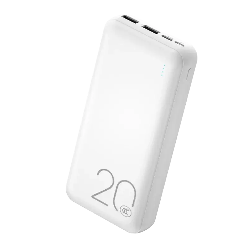 White rectangular power bank with large capacity 20000mah featuring micro usb port and subtle gray 20 branding and nfc symbol
