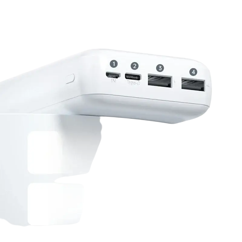 White rectangular power bank 20000mah large capacity with micro usb input and three usb-a output ports
