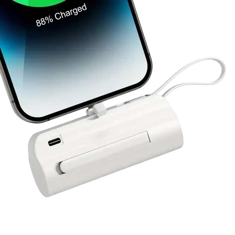 White cylindrical power bank 20000mah portable dual usb c charger in mint green with looped strap for mobile power