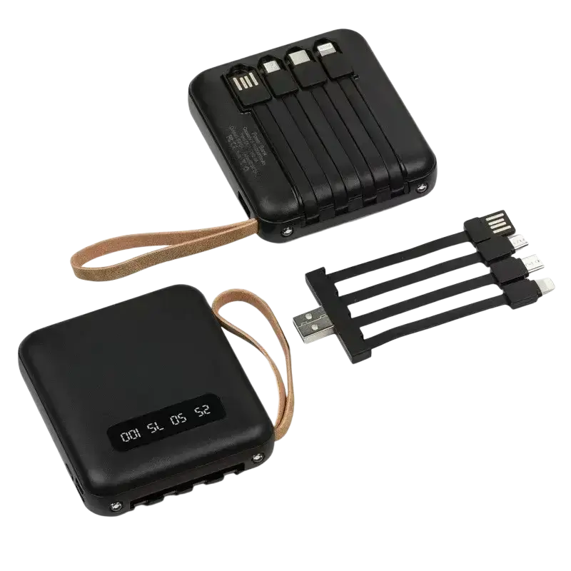 Black rectangular power bank with built-in cables, digital display, and leather wrist strap for portable charging